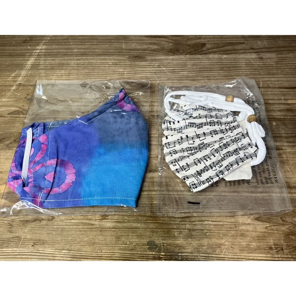 2 New Face Masks Sheet Music Pattern / Batik Tye Dye Heart Open Package washable